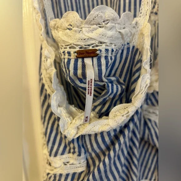 Free People Lace Blue White Stripe Halter Top 100% Cotton Size Medium - Picture 6 of 7